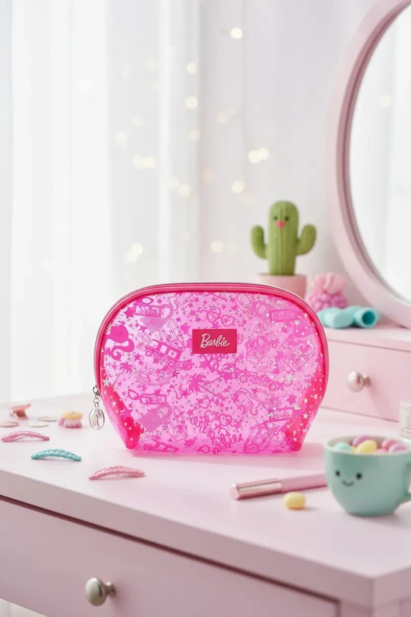 Barbie Lisanslı Yarı Saydam Kozmetik Çantası (Gül Kırmızısı)