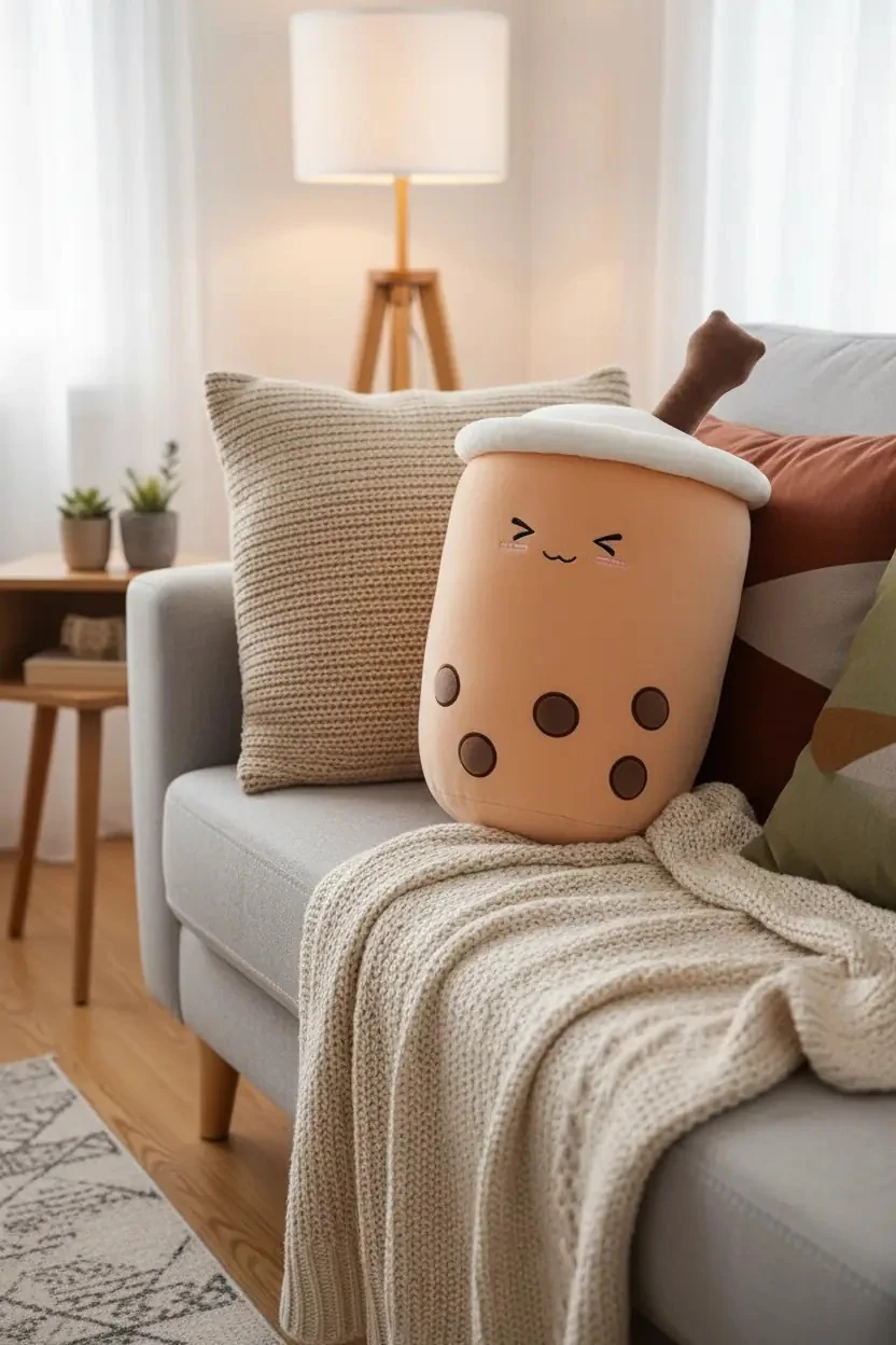 Miniso Lisanslı Sütlü Çay Peluş Yastık – Bubble Tea Tasarımlı Yumuşak Dekoratif Kahve Yastık 37 Cm