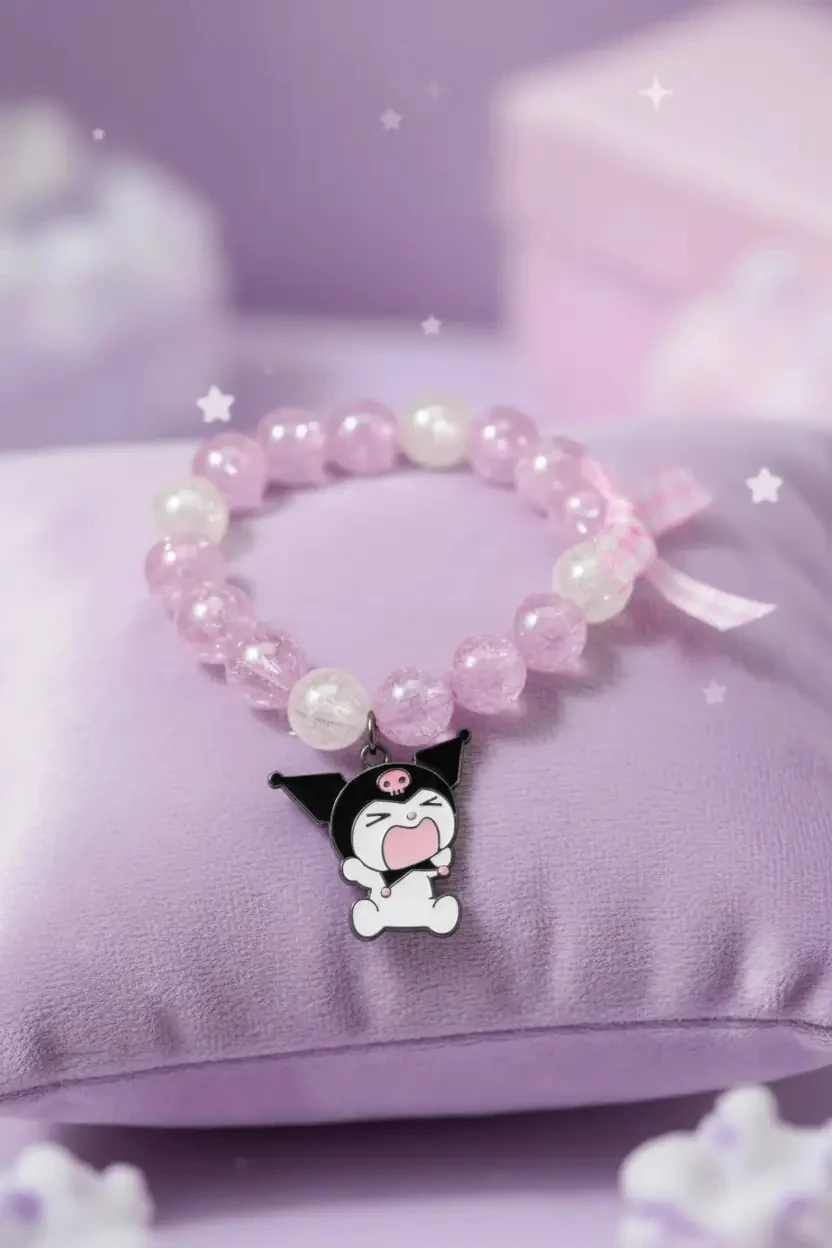 Sanrio Lisanslı Kuromi Boncuklu ve Fiyonk Detaylı Şık Saç Lastiği – Çocuk ve Genç Toka Aksesuarı