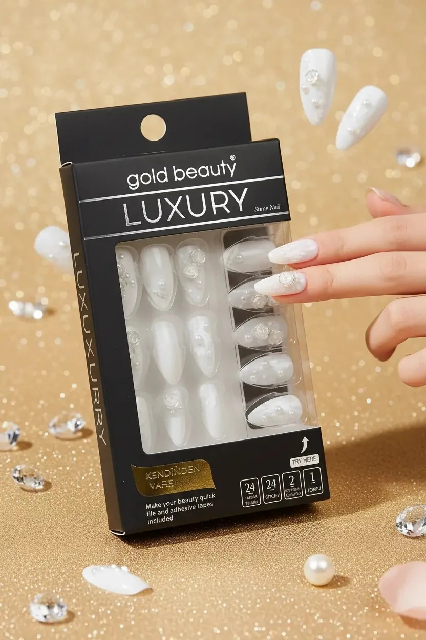 Gold Beauty Beyaz Gül Detaylı ve Taşlı Takma Tırnak Seti – 24 Adet