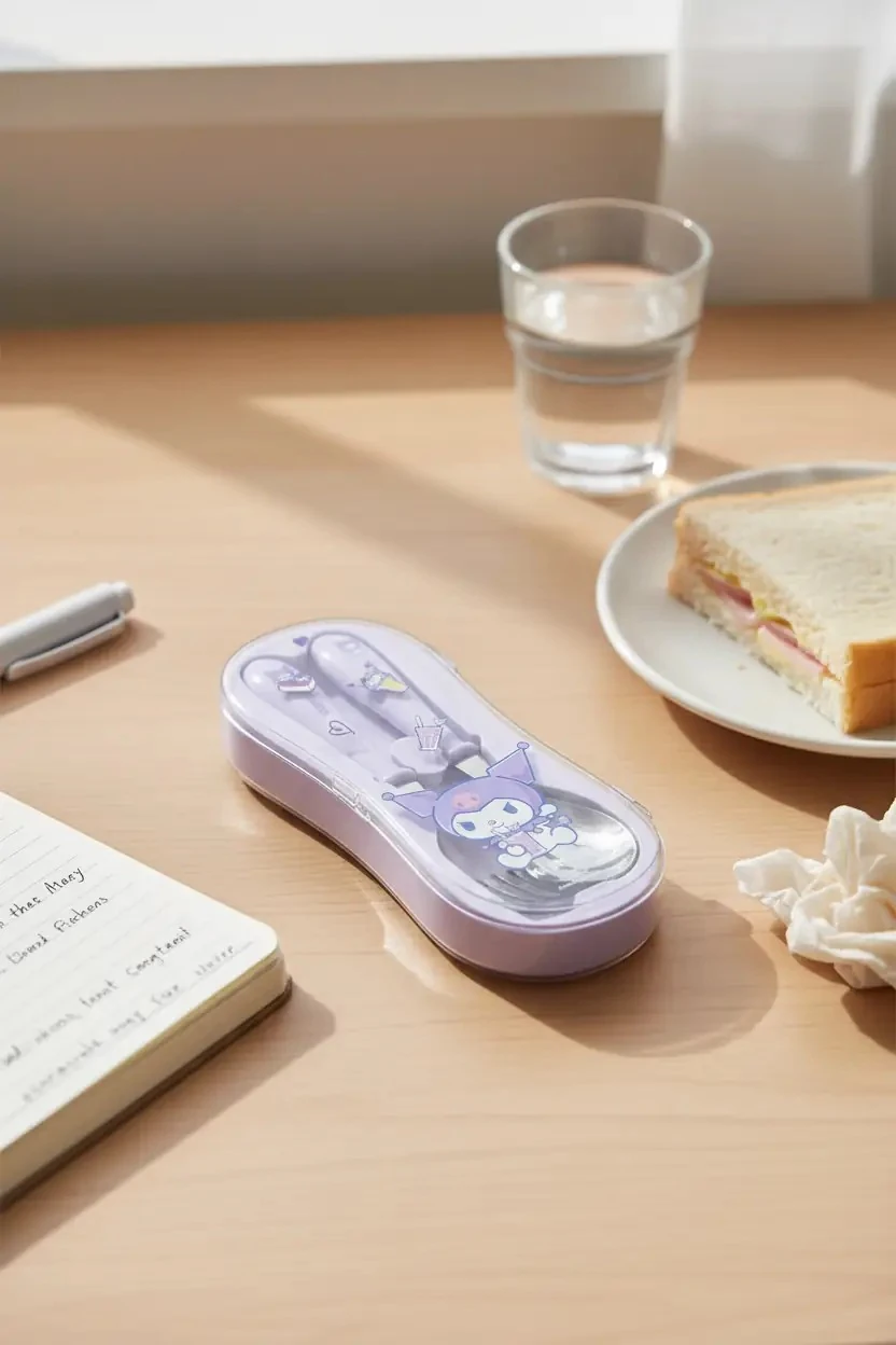 Sanrio Kuromi Lisanslı Taşınabilir Paslanmaz Çelik Çatal Kaşık Seti – Kutulu