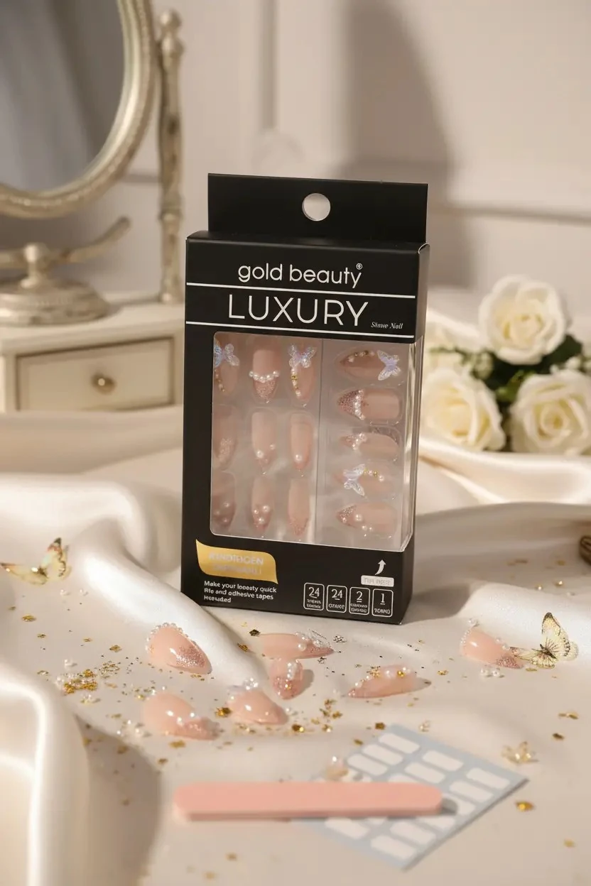 Gold Beauty Kelebek Figürlü ve Taşlı Takma Tırnak Seti – 24 Adet