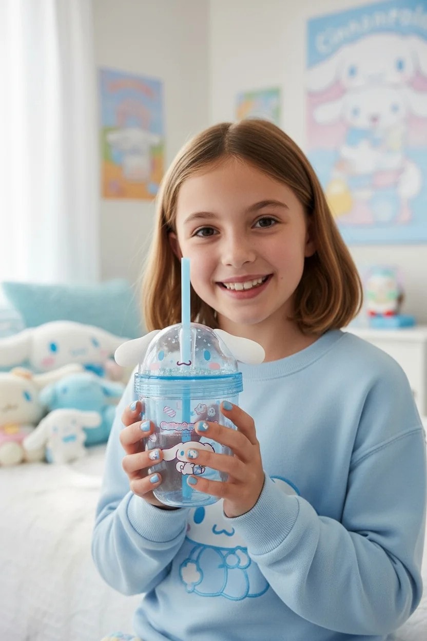 Sanrio Lisanslı Cinnamoroll Tatlı Fabrikası Serisi Plastik Şişe Pipetli ve Süslemeli 435 mL