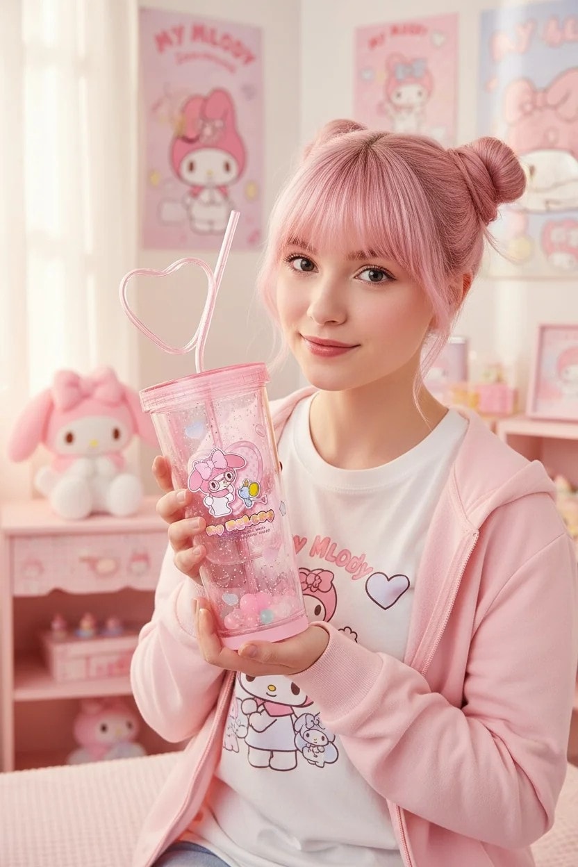 Sanrio Lisanslı My Melody Tatlı Fabrikası Serisi Kalp Çift Duvarlı Plastik Şişe Pipetli 440 mL