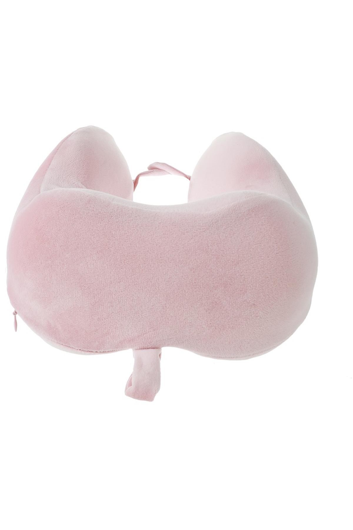 Ergonomik Şekilli Hafızalı Süngerli Kadife Boyun Yastığı,Seyahat Yastığı - Pembe