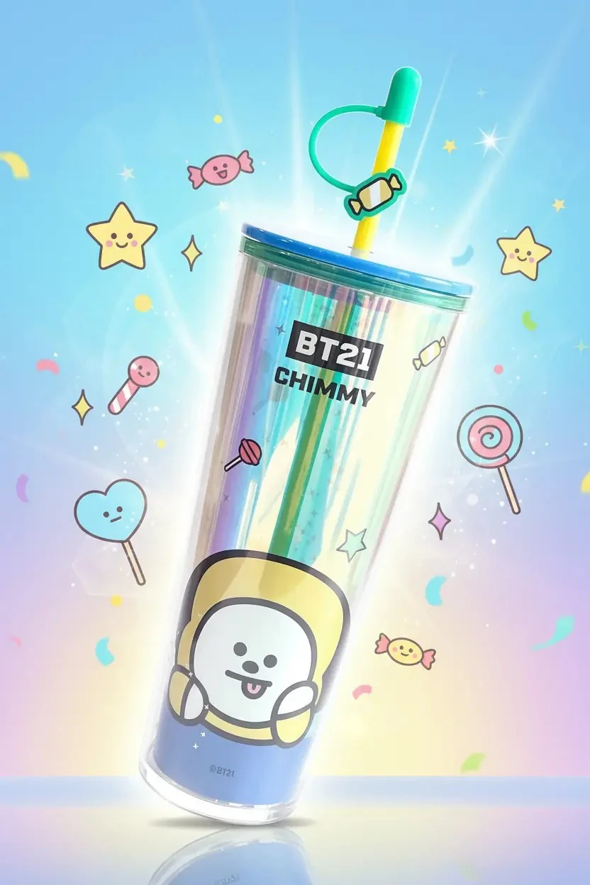 BT21 Lisanslı Holografik Tasarımlı Çift Cidarlı Pipetli Şişe Chimmy 800 ml