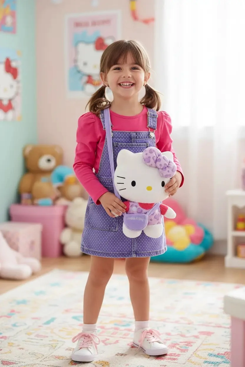 Sanrio Lisanslı Hello Kitty Peluş Sırt Çantası Mor – Leopar Desenli 30 Cm