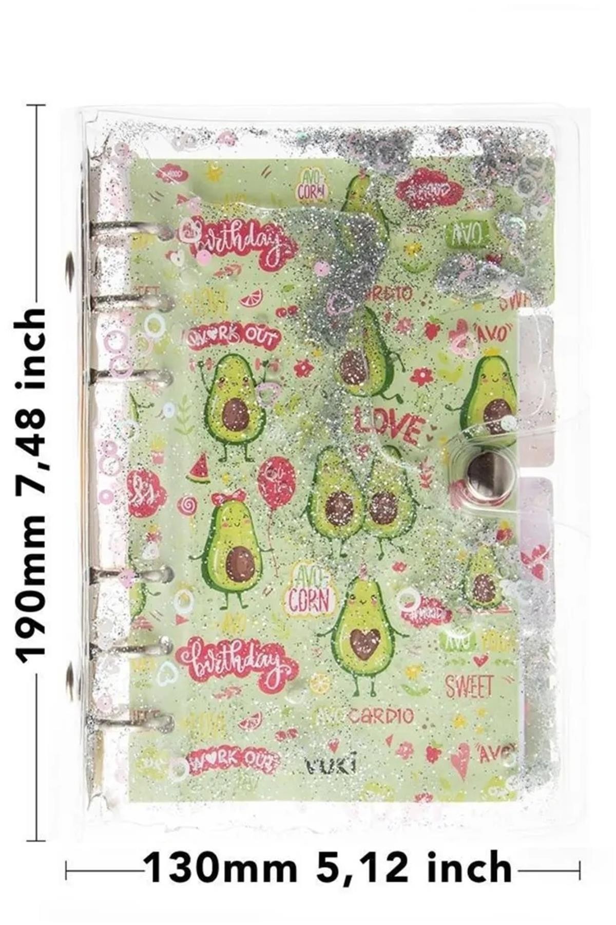 Vuki - Mekanizmalı Simli Ve Sulu Kapaklı Avokado Desenli Çizgili Defter
