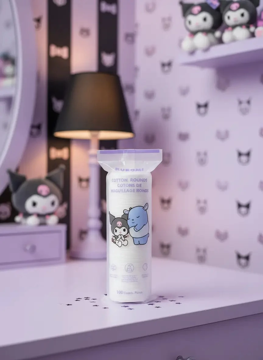 Sanrio Lisanslı Kuromi Yuvarlak Makyaj Temizleme Pamuğu 100'lü