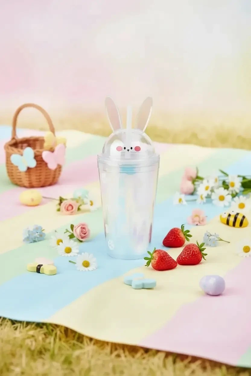 İlkbahar Koleksiyonu Pipetli Plastik Şişe (450ml) - Tavşan