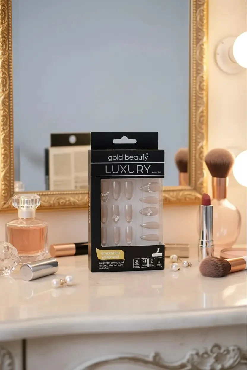 Gold Beauty Taşlı Takma Tırnak – Kendinden Yapışkanlı ve Zarif Detaylı Pratik Set