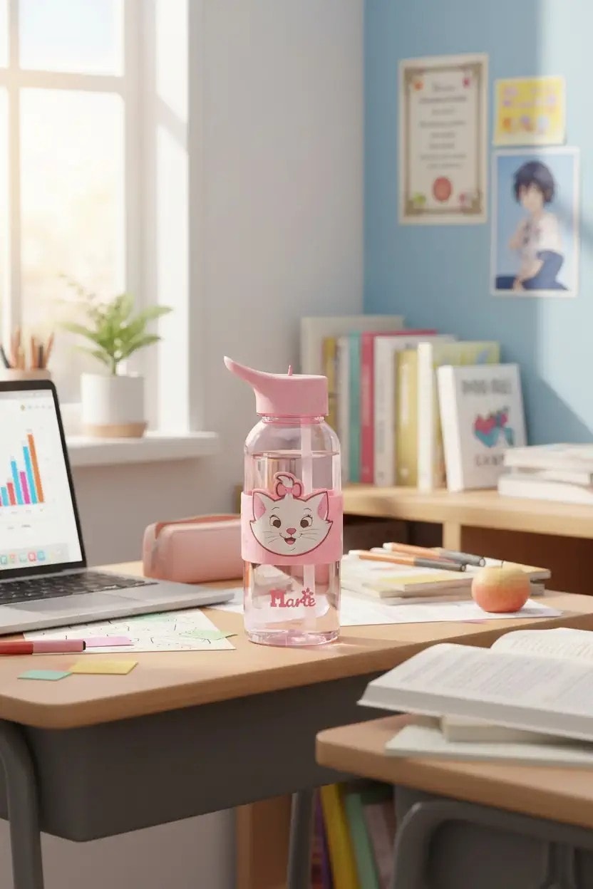 Disney Marie Lisanslı Pipetli ve Kapaklı Plastik Suluk (1000 ML)