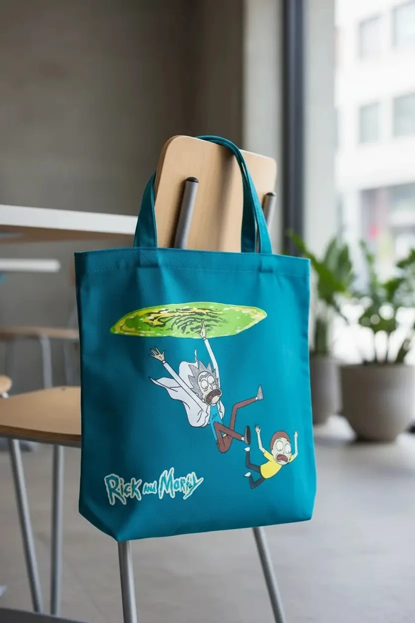 Rick ve Morty Portaldan Geçiş Baskılı Bez Çanta – %100 Pamuklu Günlük Omuz Çantası 40 Cm