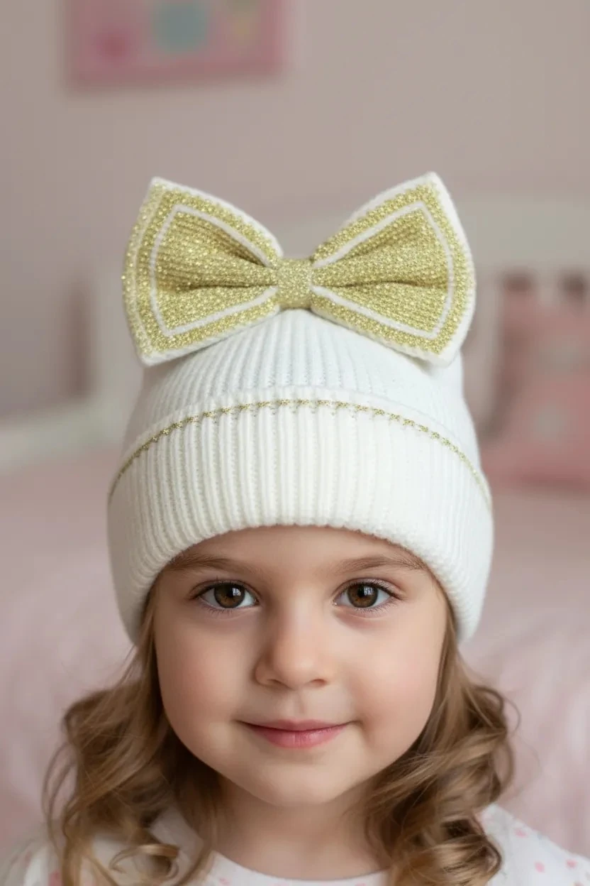 Fiyonklu Bej Çocuk Beresi