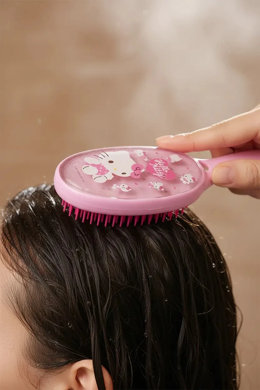 Sanrio Lisanslı Hello Kitty Pembe Serisi Simli Masaj Fırçası – Esnek Silikon Uçlu Rahatlatıcı Tara 13 Cm