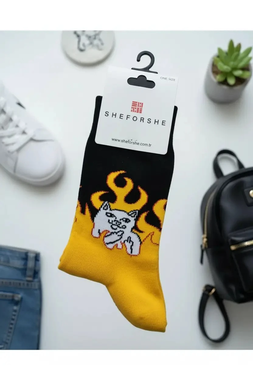 Miniso Lisanslı Alevli Kedi Desenli Tenis Çorap – Enerjik One Size