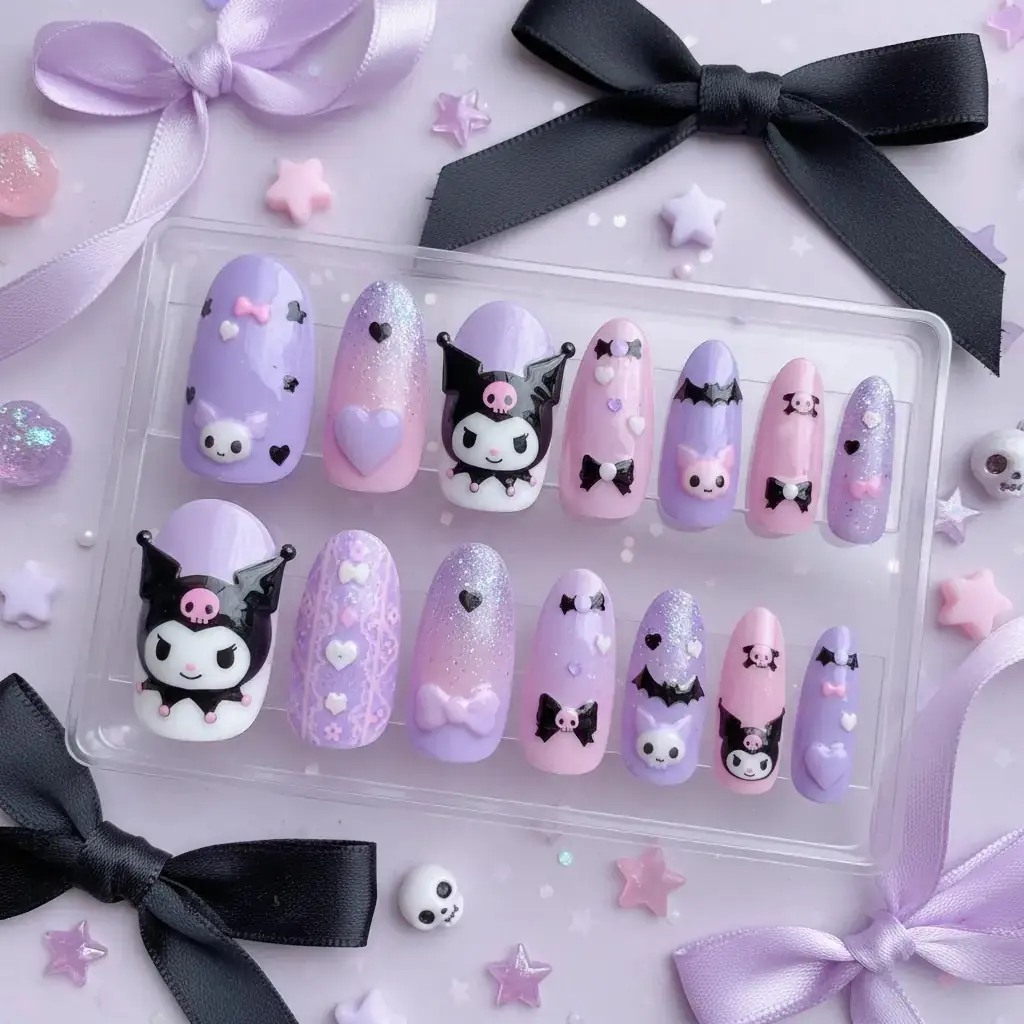 MINISO Sanrio Lisanslı Kuromi Jel Yapışkanlı Takma Tırnak Seti – Havalı Dikkat Çekici Tasarım