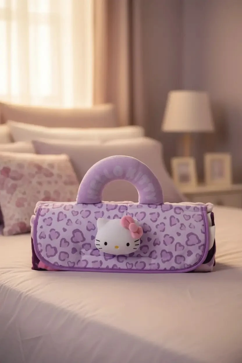 Hello Kitty Leopar Desenli Büyük Polar Battaniye, Saplı (Mor