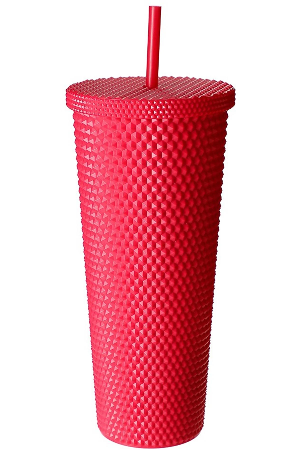 Dokulu Tasarım Pipetli Plastik Şişe (680Ml) - Kırmızı