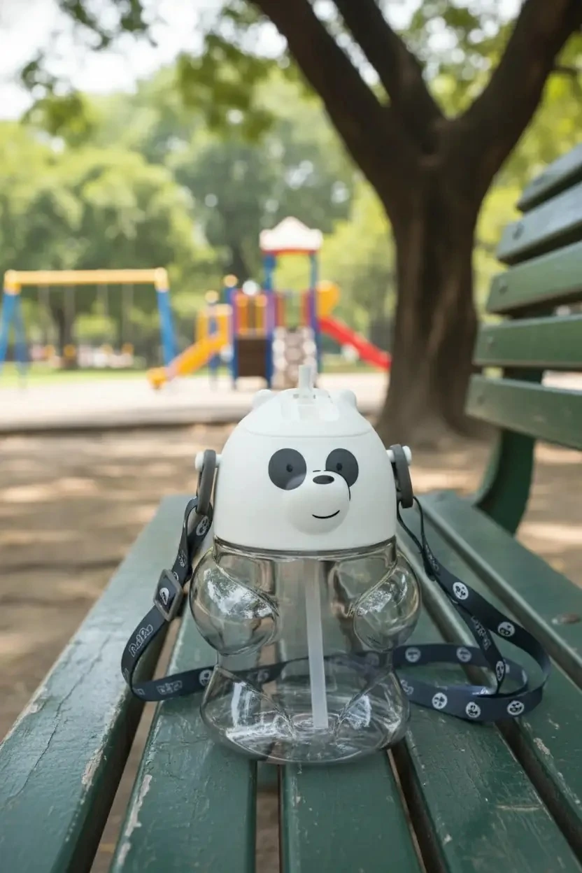 We Bare Bears Lisanslı Panda Figür Plastik Suluk – Askılı ve Pipetli Çocuk Matarası 600 ML