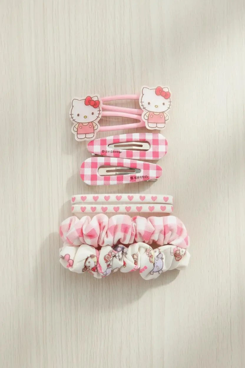 Sanrio Lisanslı Hello Kitty Saç Toka Seti (8 Parça) – Renkli Metal Klips ve Lastik Toka Çeşitleri