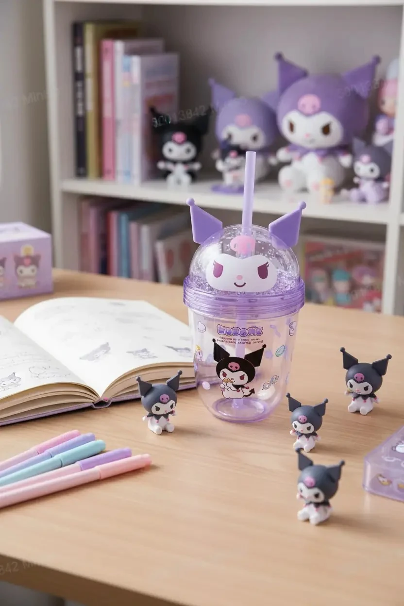 Sanrio Lisanslı Kuromi Tatlı Fabrikası Serisi Pipetli ve Süslemeli Plastik Şişe 435mL