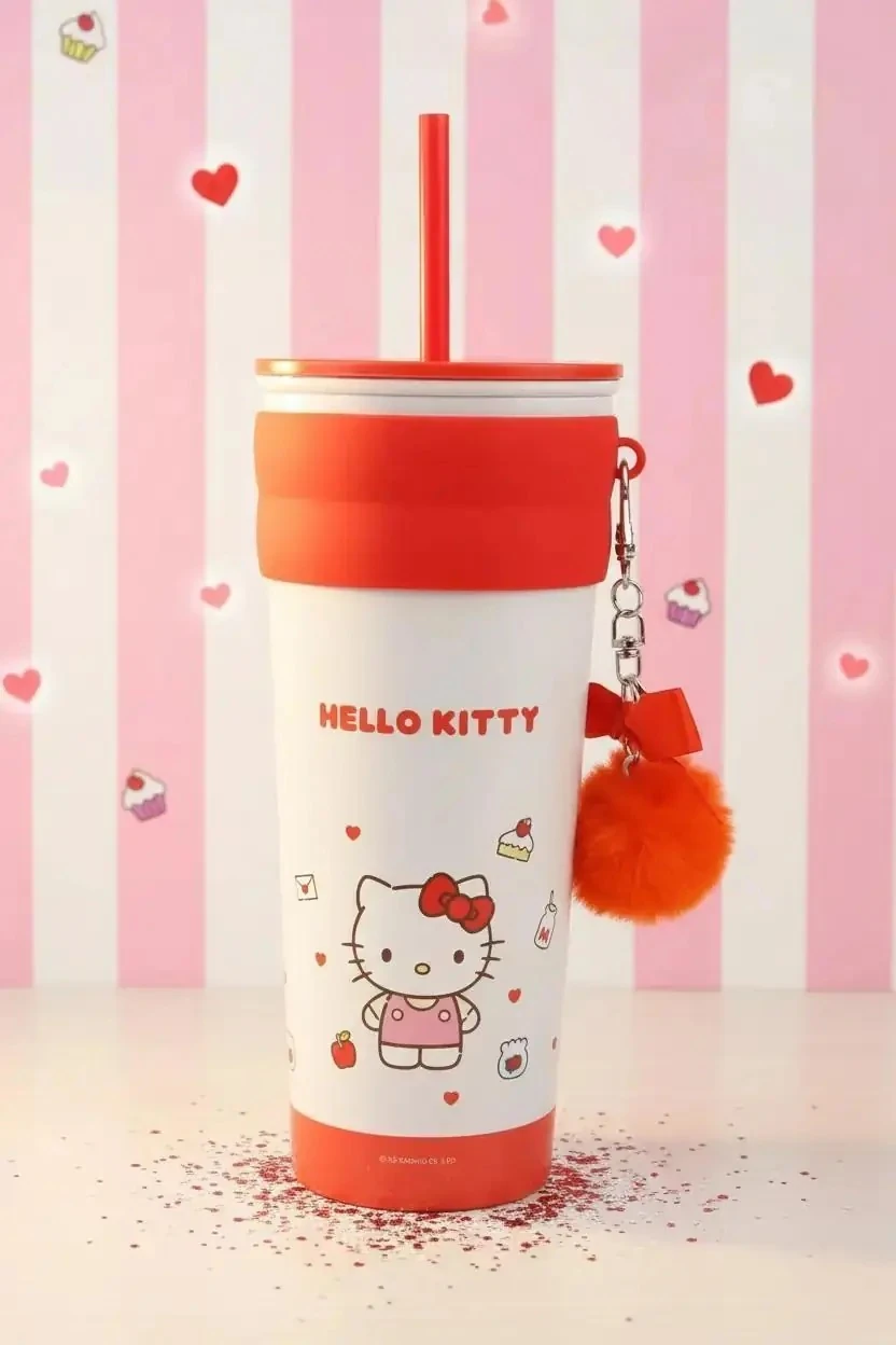 Sanrio Lisanslı Hello Kitty Matara 21 Cm – Pipetli Paslanmaz Çelik Charm Detaylı