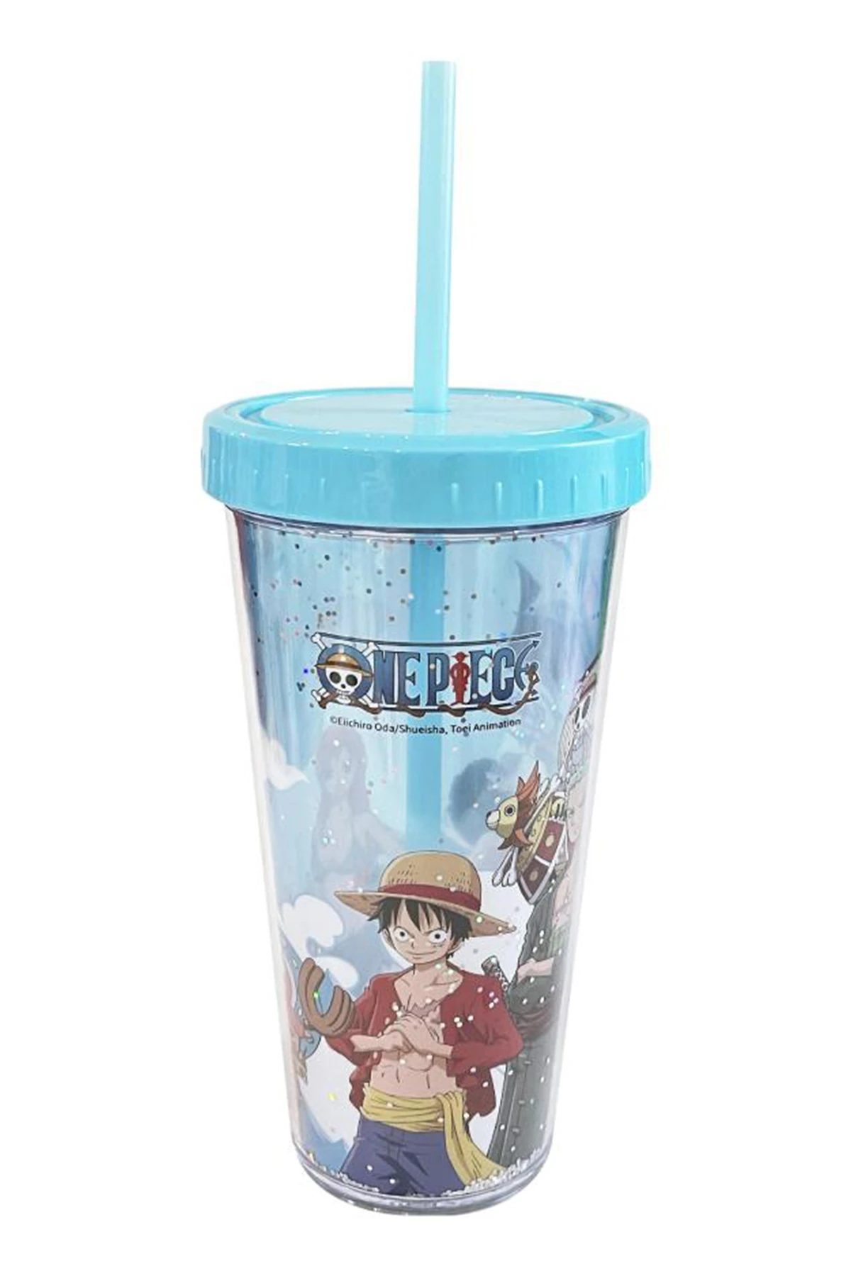 One Piece Lisanslı Çift Cidarlı Pipetli Plastik Su Kabı 420 ml (Mavi)
