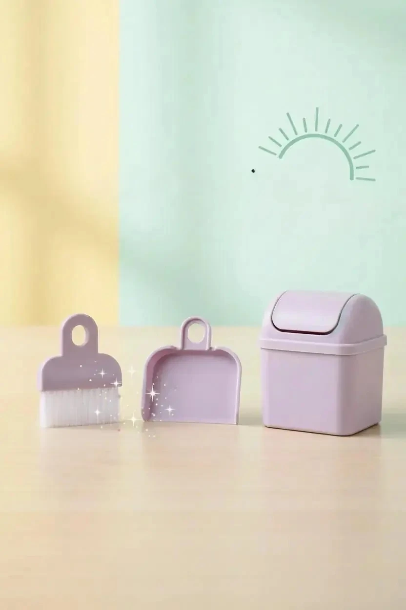 Miniso Makaron Serisi Masaüstü Temizlik Seti – Mor Renkli 3 Parça Mini Fırça ve Kürek Seti