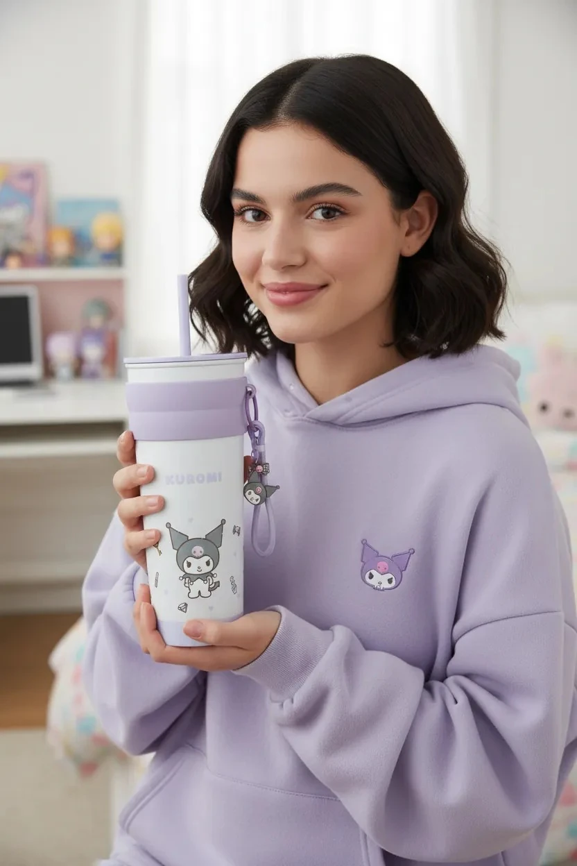 Sanrio Lisanslı Charmlı ve Pipetli Paslanmaz Çelik Matara - Kuromi