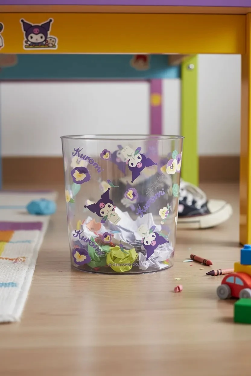 Sanrio Lisanslı Çiçek Desenli Şeffaf Çöp Kovası - Kuromi