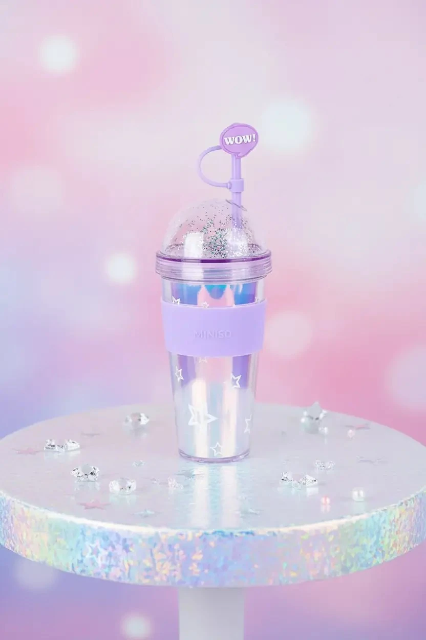 Holografik Seri Pipetli Çift Cidarlı Plastik Şişe (420ML)