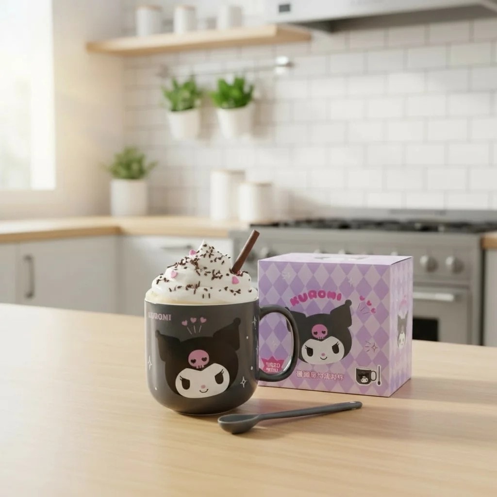 Sanrio Lisanslı Kabartmalı Seramik Kaşıklı Kupa (450mL)(Kuromi)