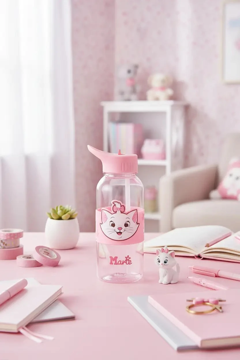 Disney Marie Lisanslı Pipetli ve Kapaklı Plastik Suluk 1000 ML - Aristocats Serisi Sızdırmaz Matara