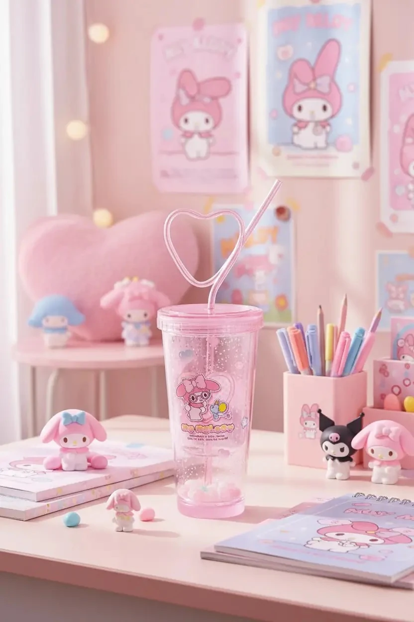 Sanrio Lisanslı My Melody Tatlı Fabrikası Serisi Kalp Pipetli Çift Duvarlı Şişe 440 ml