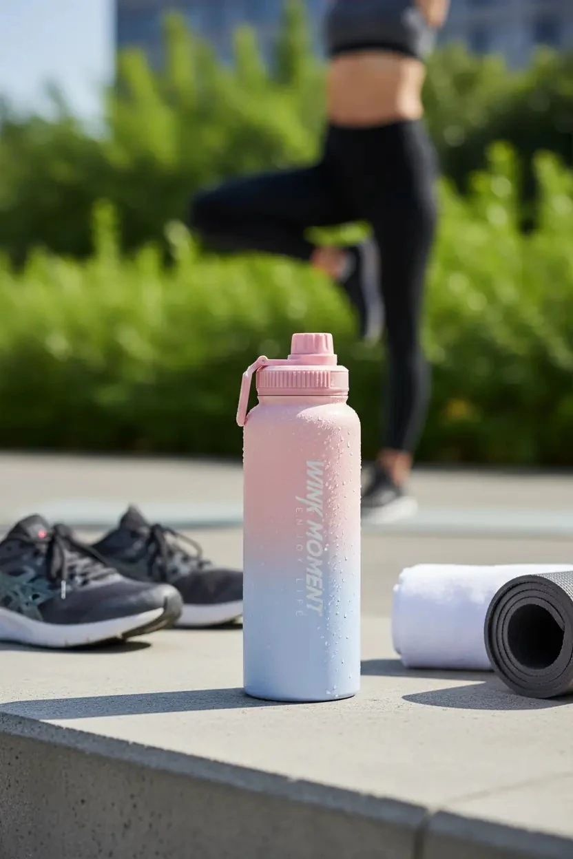 Miniso Lisanslı Pembe Mavi Gradyan Termos 950 mL – Tutacaklı Tasarım