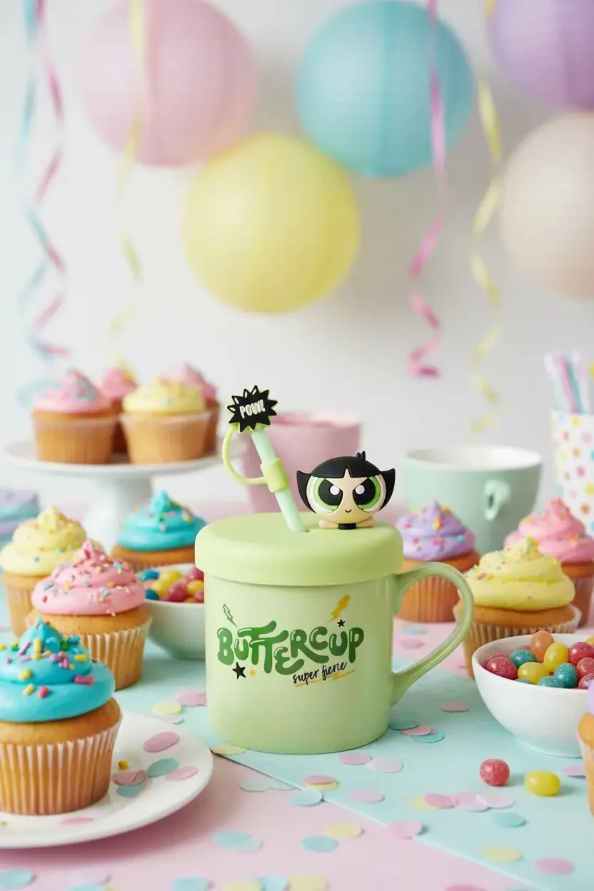 Powerpuff Girls Lisanslı Buttercup Süslemeli ve Pipetli Seramik Kupa 450 ML