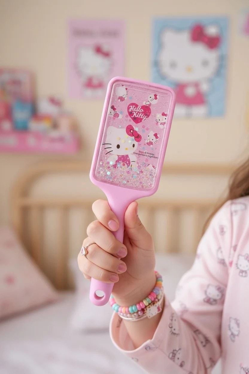 Sanrio Lisanslı Pembe Serisi Simli Yastıklı Saç Fırçası (Hello Kitty)