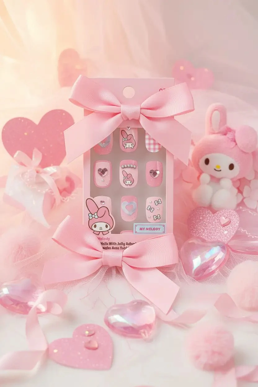 Sanrio Lisanslı My Melody Jel Yapışkanlı Takma Tırnak – Pembe Zarif Tasarım Model 02