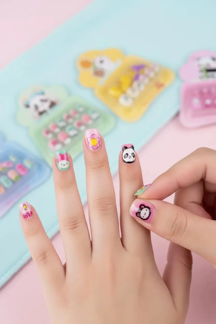 Figürlü Çocuk Takma Tırnak Seti – Renkli Desenli & Pratik Oyun Aksesuarı