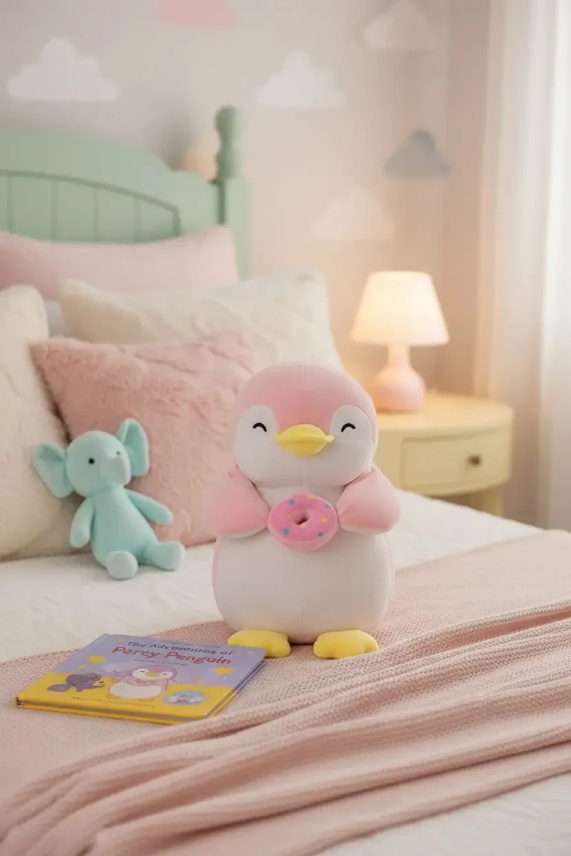 Miniso Lisanslı Sevimli Penguen Peluş Oyuncak 25 Cm – Donutlu Yumuşak Tasarım