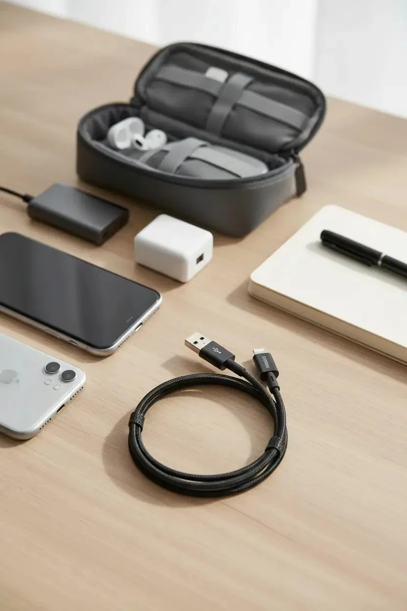 Miniso Lisanslı iPhone Kumaş Kaplama Hızlı Şarj ve Veri Kablosu – Dayanıklı ve Dolanmaz Siyah Kablo 1M