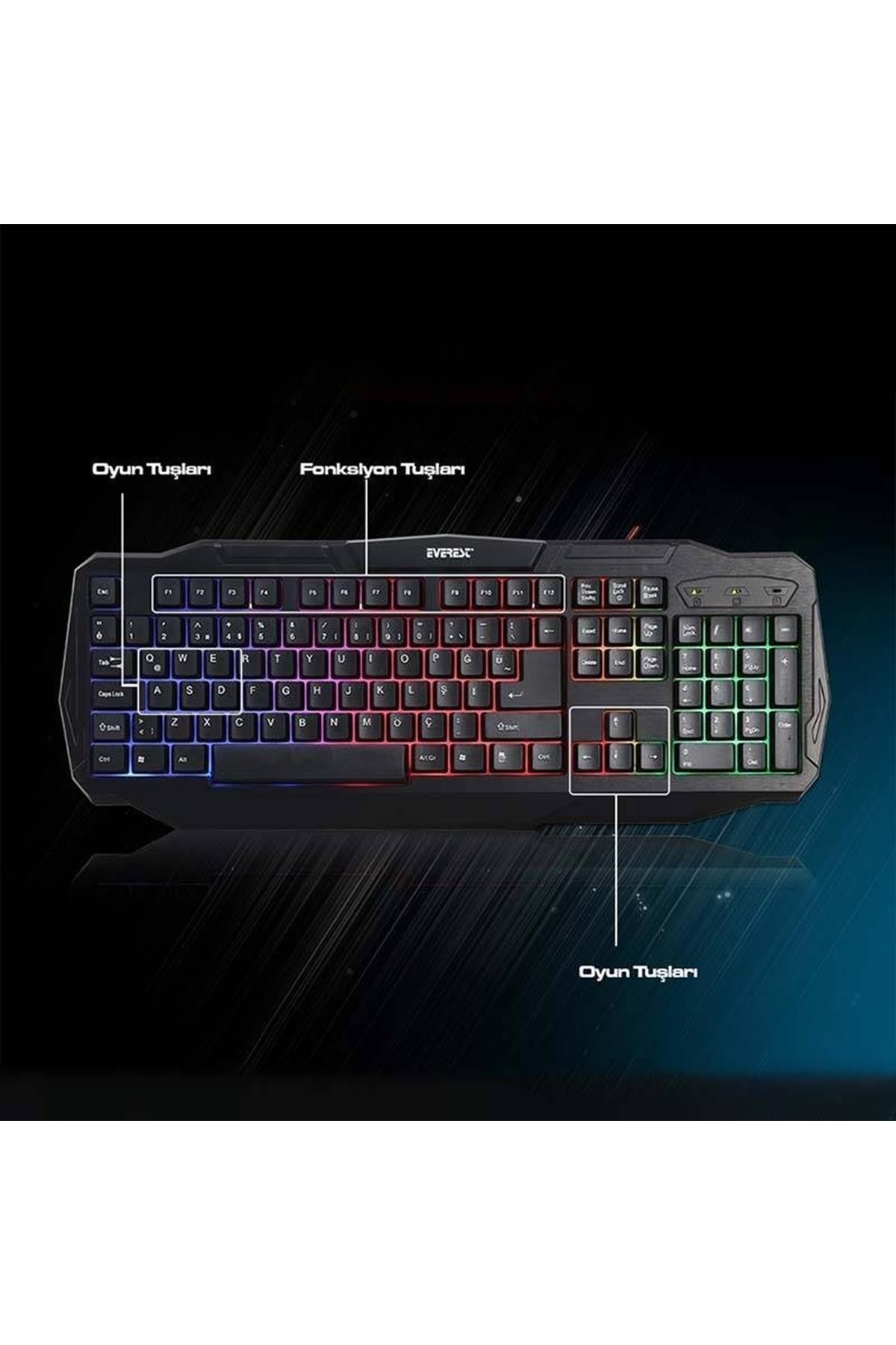 Siyah Everest Kmx-86 Olivine Usb Gökkuşağı Zemin Aydınlatmalı Q Klavye Ve Mouse Set