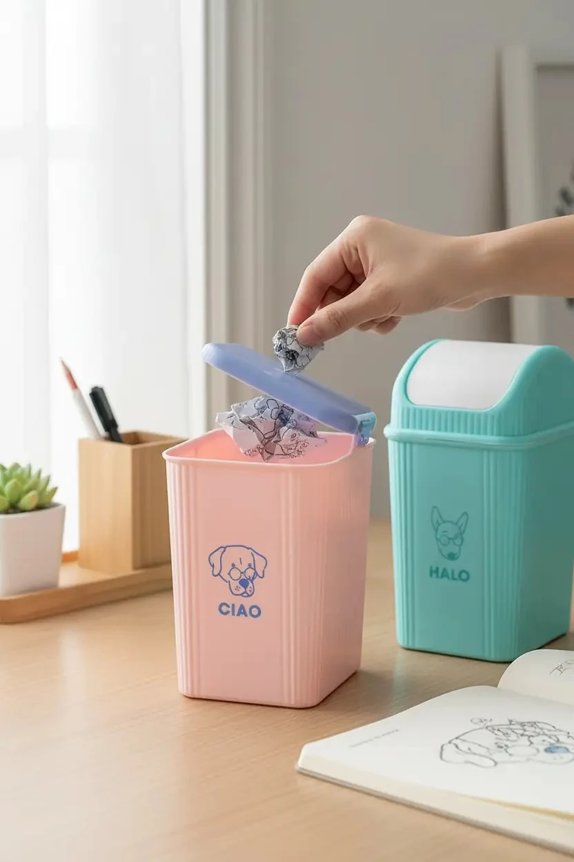 Miniso Lisanslı Köpek Desenli Masaüstü Çöp Kutusu – Kapaklı ve Dekoratif Çalışma Masası Düzenleyici 22 Cm