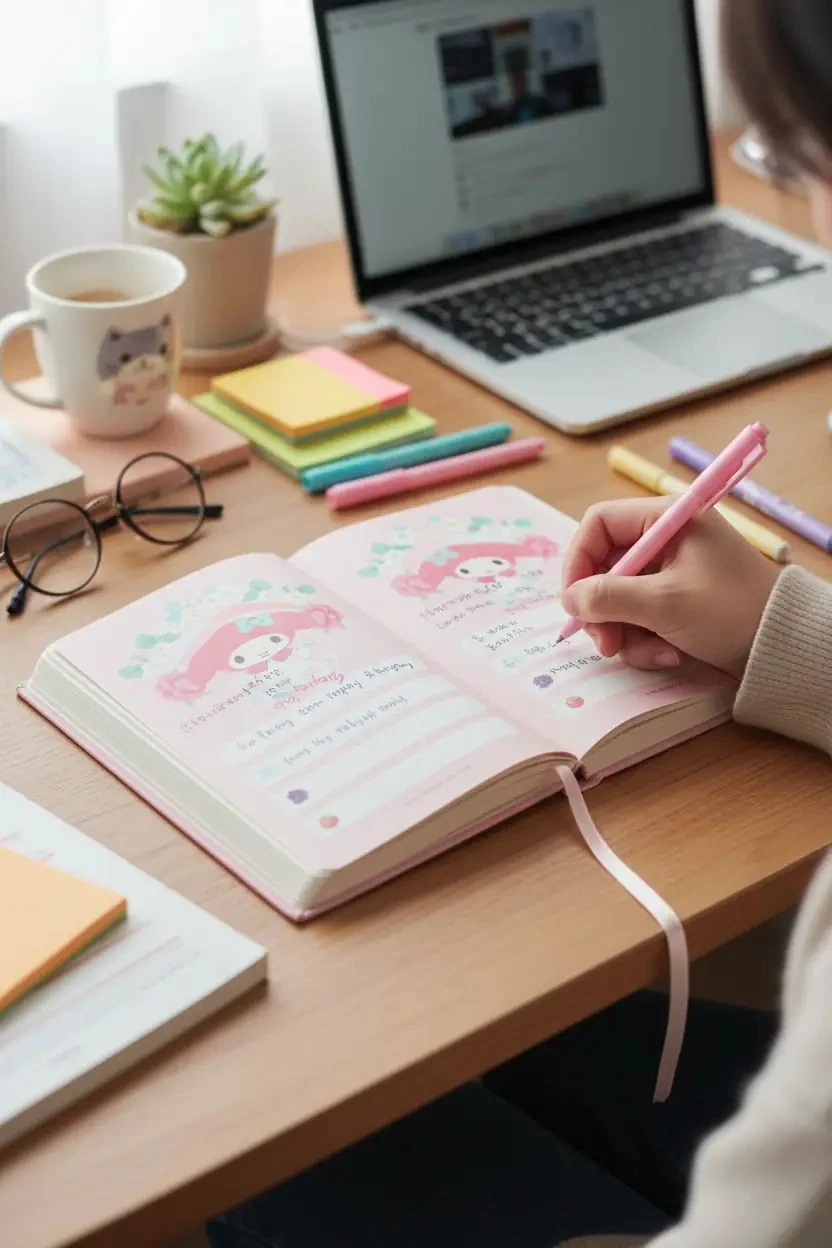 Sanrio Lisanslı My Melody Sert Kapak Not Defteri – 96 Yaprak Çiçek Desenli Pastel Tasarım Günlük