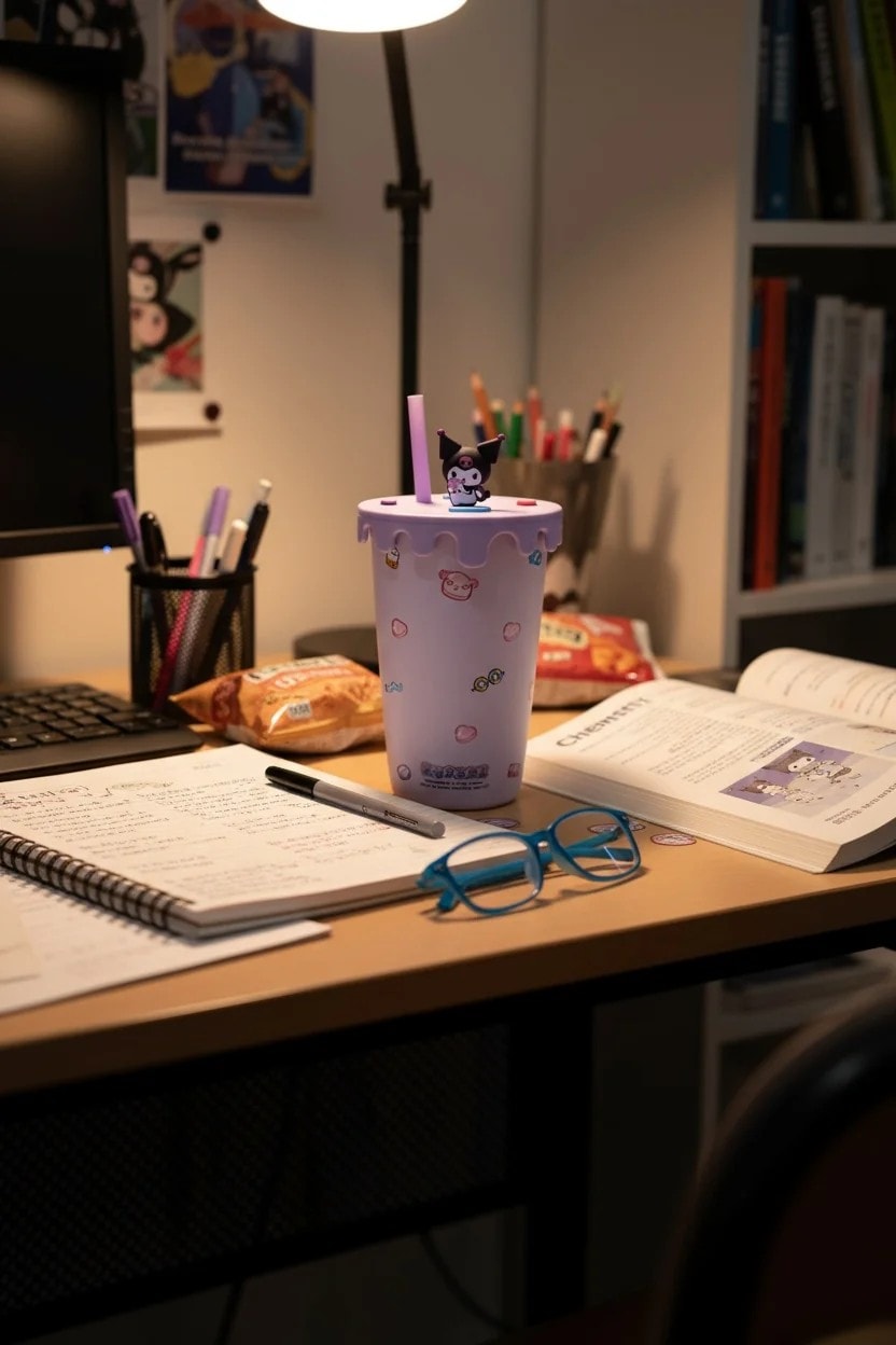 Sanrio Lisanslı Kuromi Tatlı Fabrikası Serisi Kapaklı ve Pipetli Dekoratif Seramik Bardak 400mL