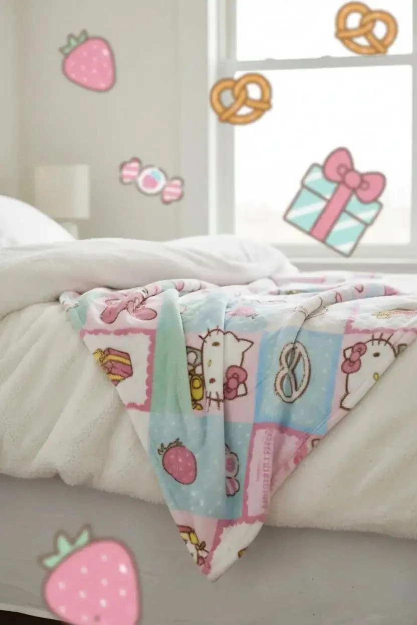 Sanrio Lisanslı Hello Kitty Desenli Battaniye – Kareli Yumuşacık Koltuk Yatak Örtüsü