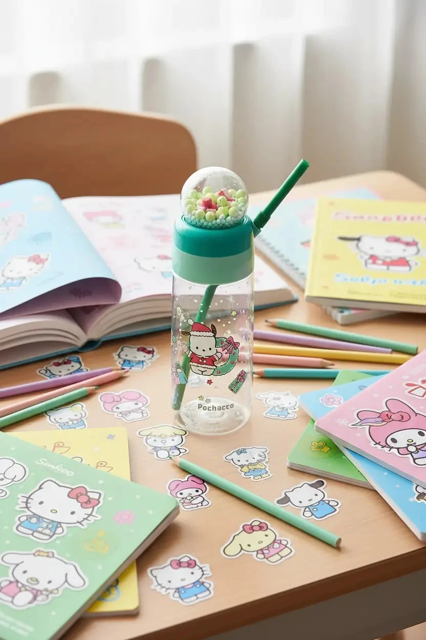 Sanrio Lisanslı Yılbaşı Koleksiyonu Pipetli ve Kristal Küreli Şişe – Eğlenceli Detaylı PETG Matara