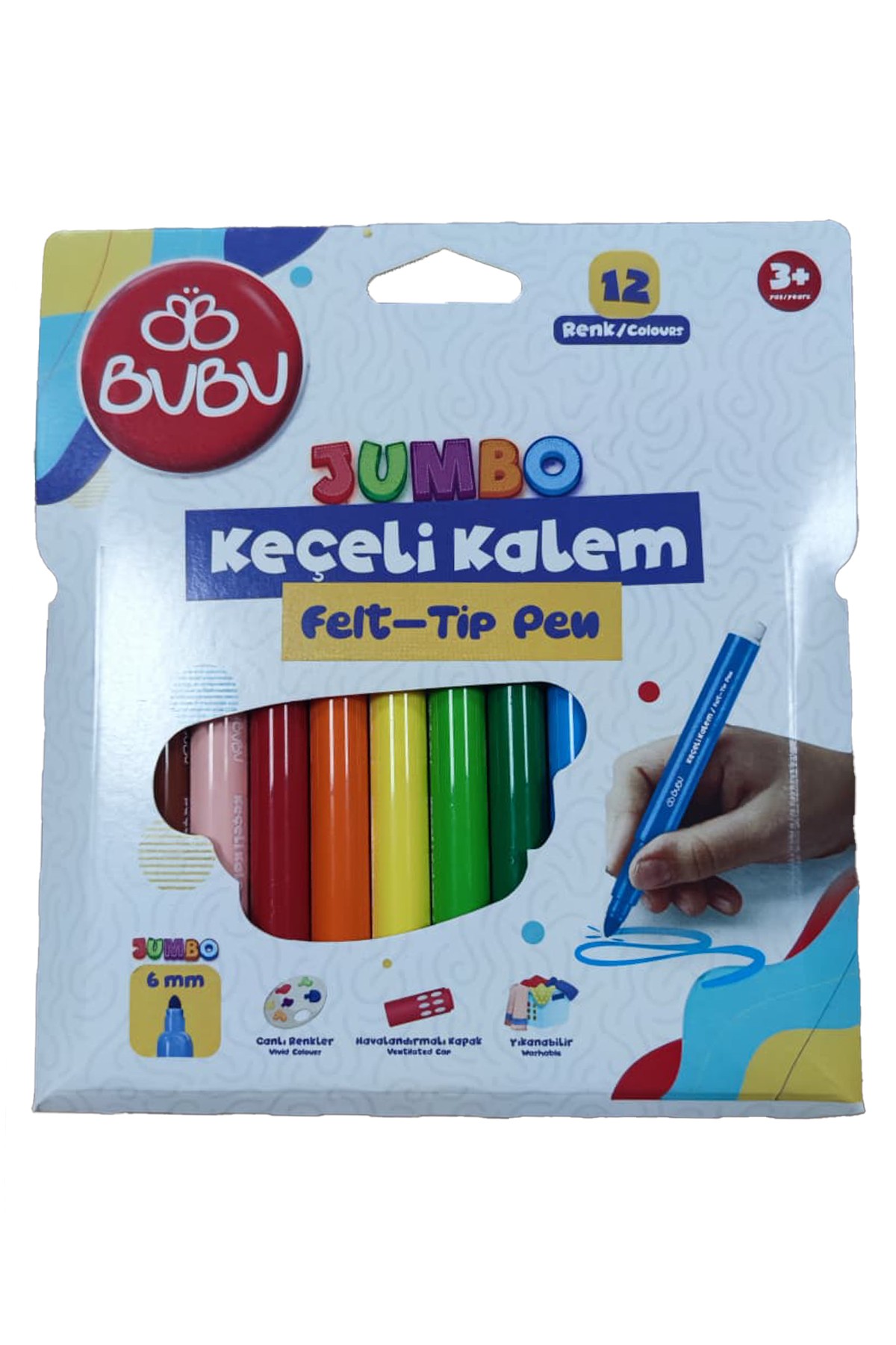 BU-BU JUMBO KEÇELİ KALEM 6MM. 12 RENK KARTON KUTU