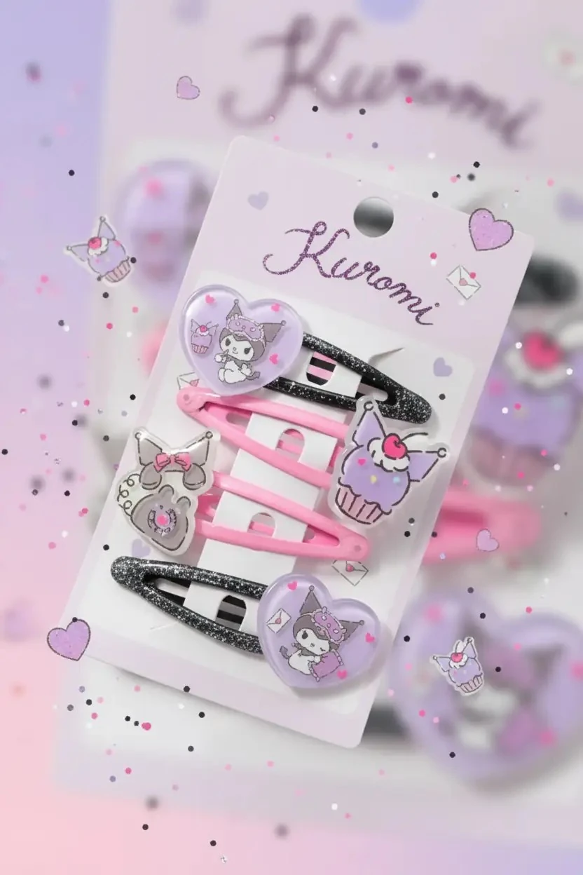 Sanrio Lisanslı Kuromi Figürlü Saç Tokası 11,5 Cm – Pembe Siyah Sevimli Aksesuar Seti